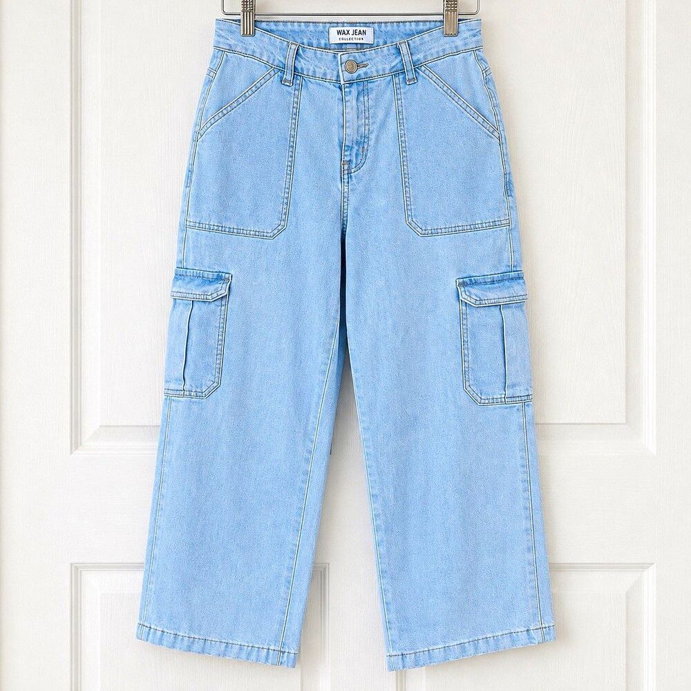 Wax Jean Women’s 28 Wide-Leg High Rise Light Wash Cargo Pocket Denim Jeans